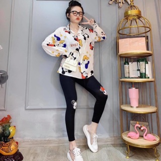 SET ÁO SƠMI FORM RỘNG MICKEY + QUẦN LEGGING