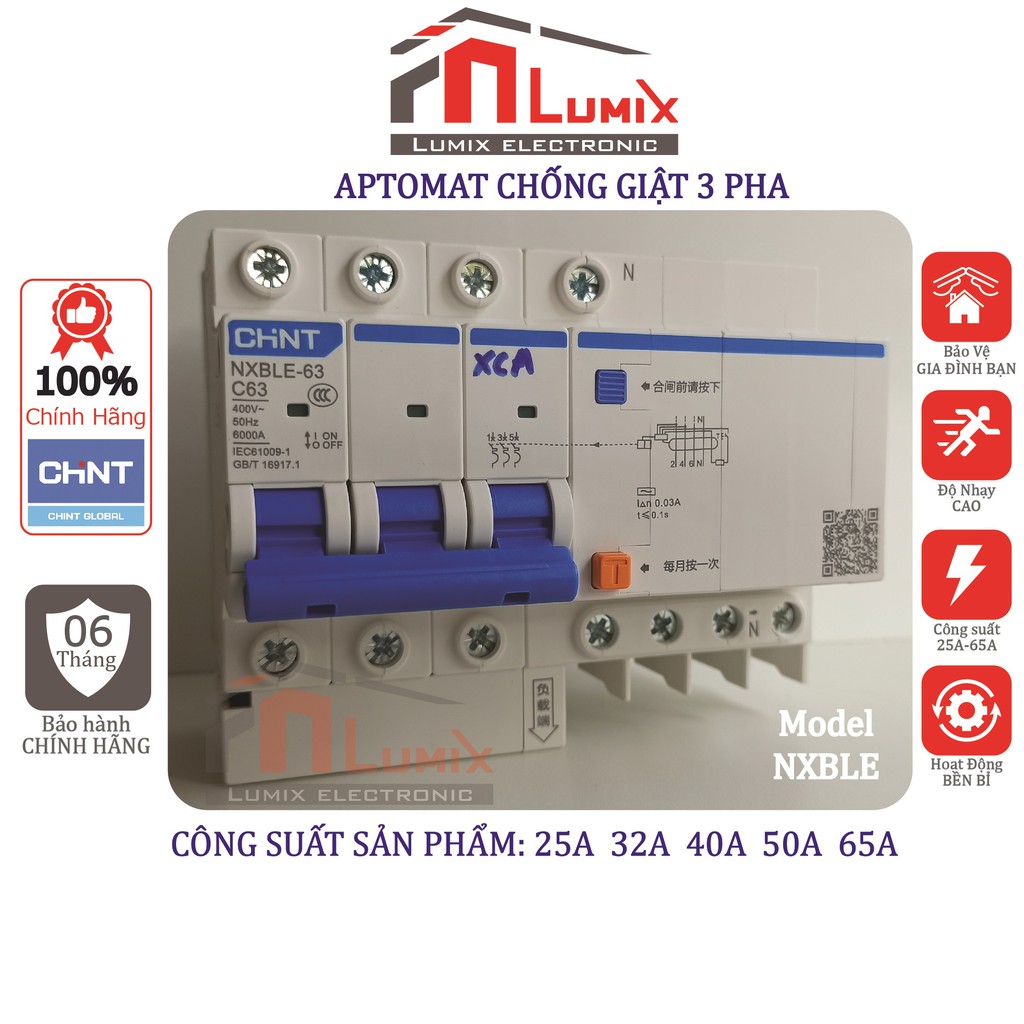 CB Aptomat chống giật dò 3 pha Chint 25A 32A 40A 50A 63A