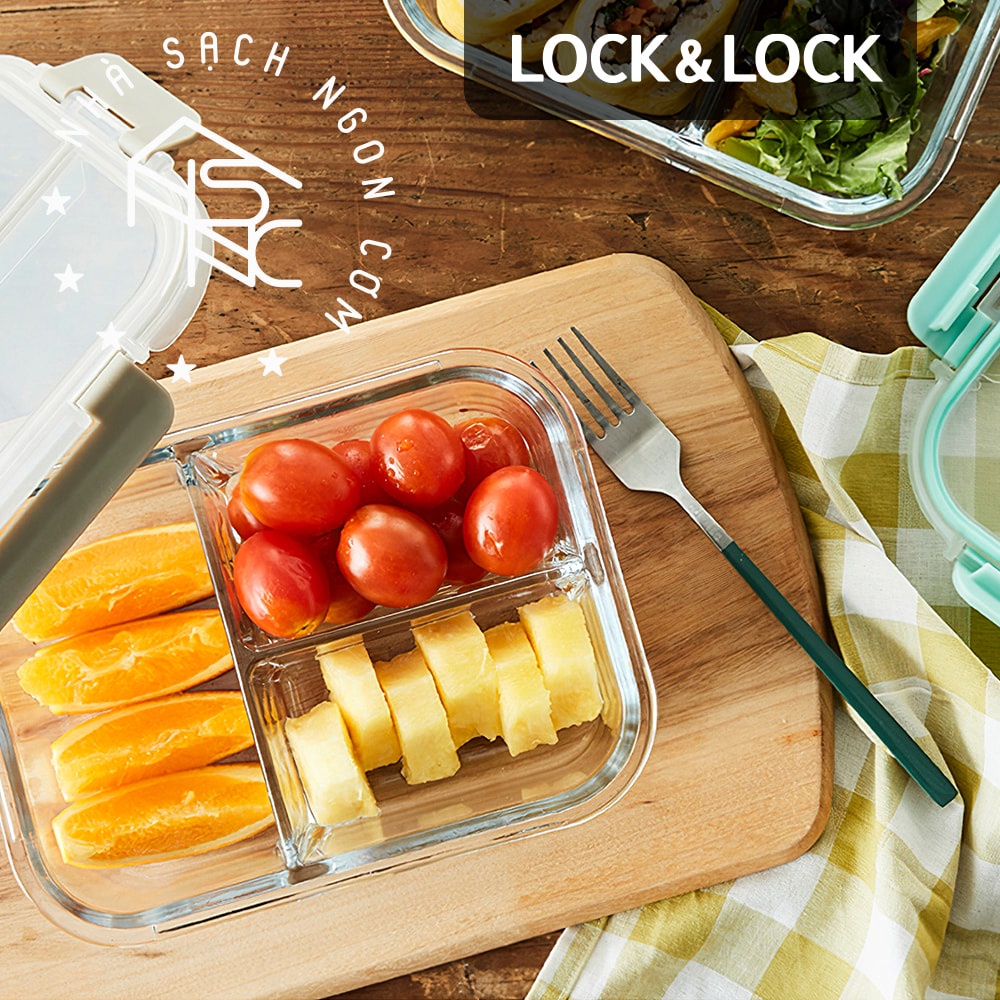 Hộp cơm thủy tinh Lock&amp;Lock 2 ngăn Glass Food Container 600ml - LLG456