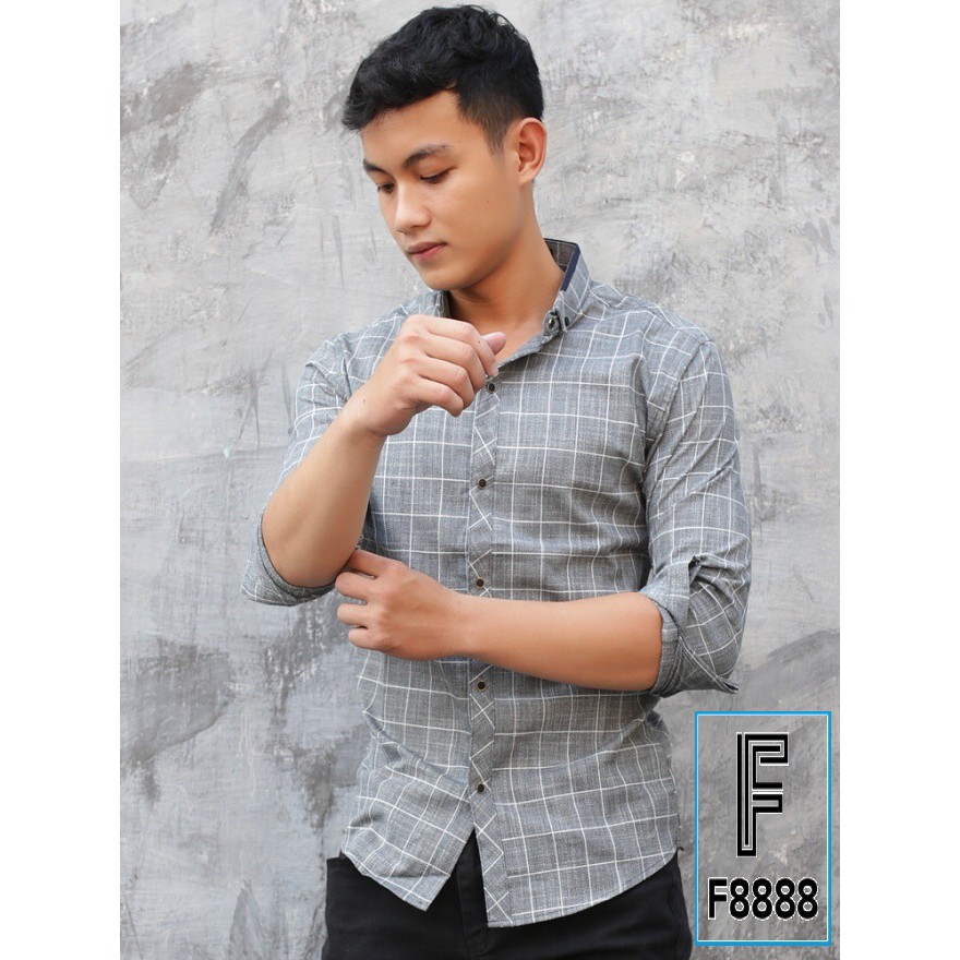 Áo sơ mi nam hàn quốc dài tay kẻ sọc đẹp cao cấp F8888 Màu xám Kẻ Đũi loại đẹp