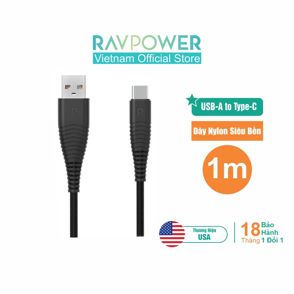 Cáp Sạc RAVPower RP-CB046 USB Type-A to C, dài 0.9m, dòng sạc 2.4A, Siêu Bền - Hàng Chính Hãng Mỹ bảo hành 18 tháng