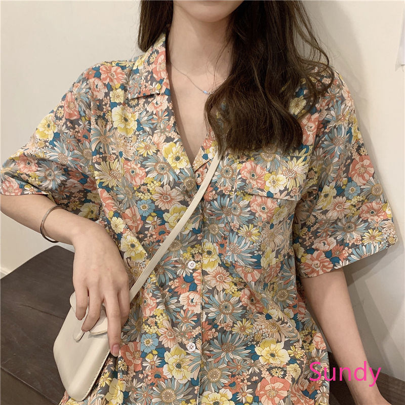 Áo Sơ Mi Chất Chiffon Hoạ Tiết Hoa Phong Cách Retro Cho Nữ