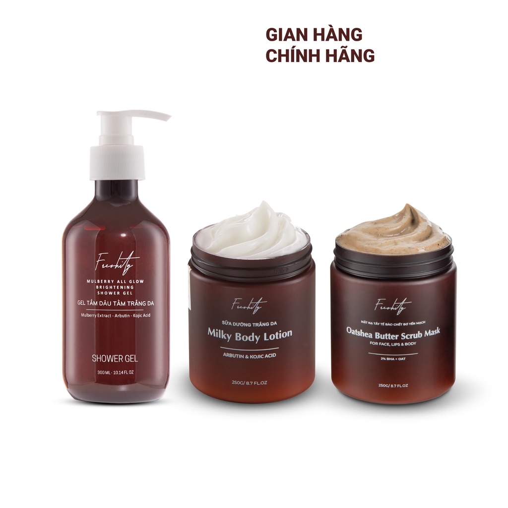 Combo sữa dưỡng thể, gel tắm, mặt nạ tẩy tế bào chết Freshity