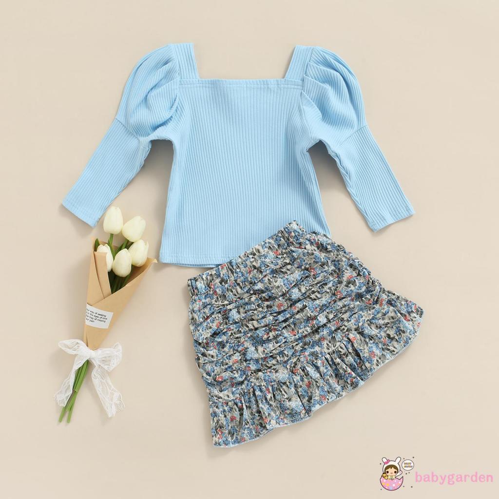 Bộ áo cổ vuông tay dài + chân váy ngắn lưng thun in hoa màu sắc xinh xắn cho bé gái