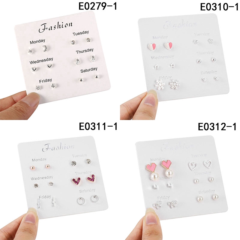 Bộ 6 cặp khuyên tai mạ bạc đính pha lê/ngọc trai hình trái tim phong cách Hàn Quốc cho nữ | BigBuy360 - bigbuy360.vn