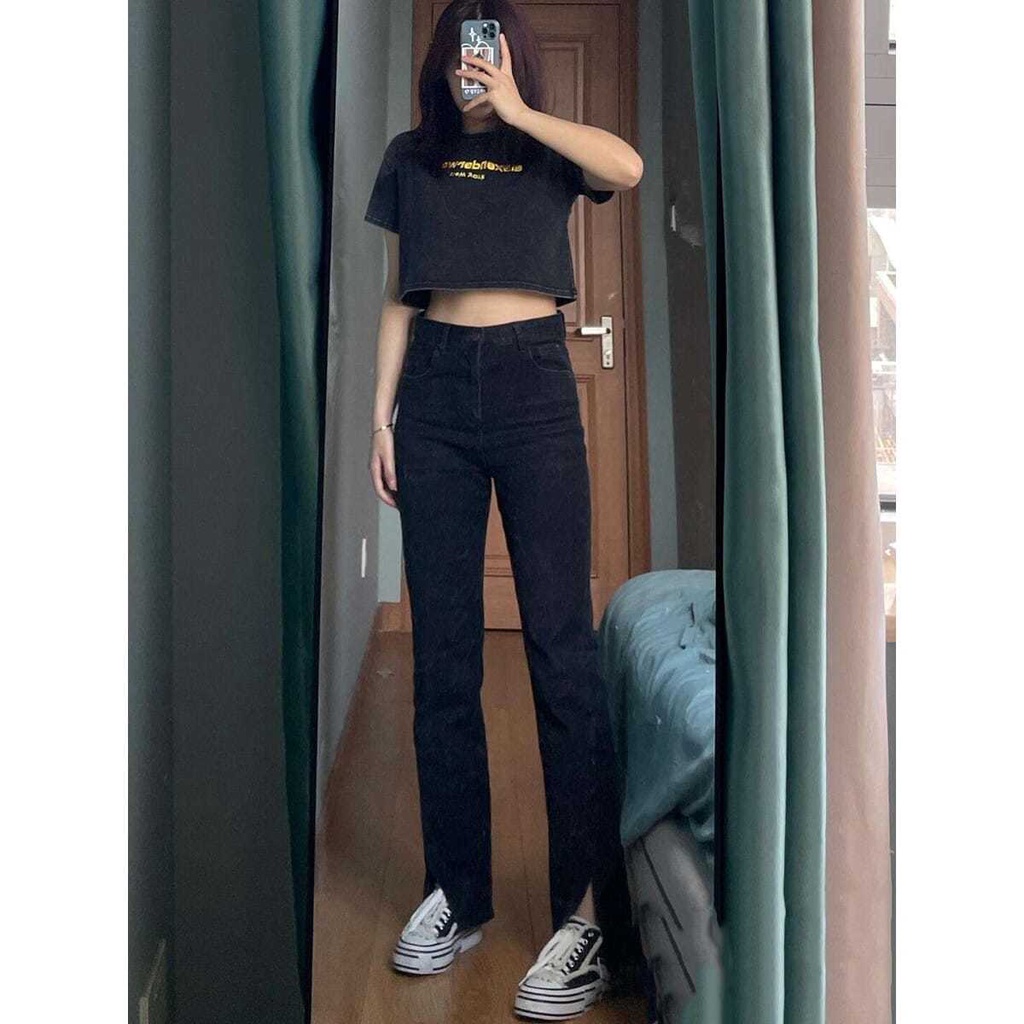 Quần Jeans Đen Lưng Cao Ống Rộng Cho Nữ