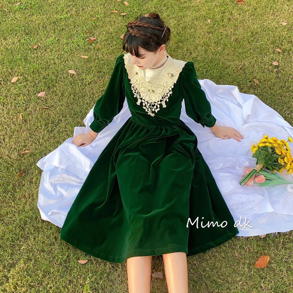 sẵn size M, Mimo Pháp phong cách cung điện cổ điển màu xanh lá cây đậm nhung cổ áo ren váy công chúa