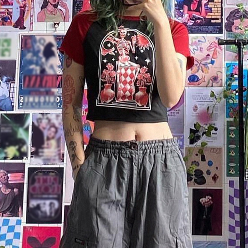 Áo Thun Crop Top Nữ Tay Ngắn In Hình Bộ Xương Màu Sắc Nổi Bật