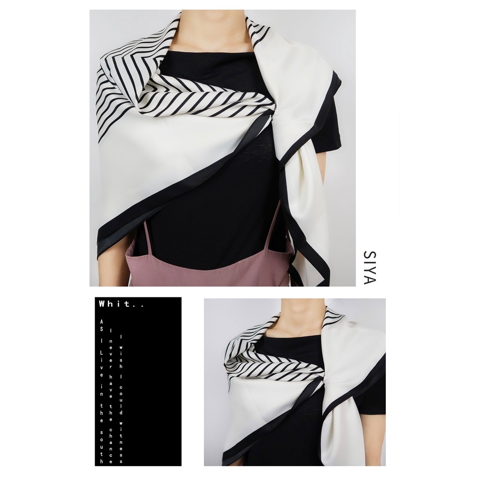 Khăn Choàng Lụa Vuông 90H Đục Lỗ In Họa Tiết Kẻ Sọc Phong Cách Tối Giản Hàng Mới Dành Cho Bạn Nữ