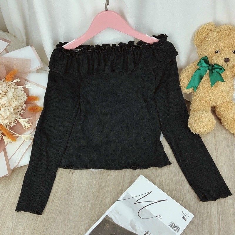 Áo kiểu bẹt vai phối bèo viền chất vải thun gân len 4 chiều FreeSize dưới 53kg dành cho nữ