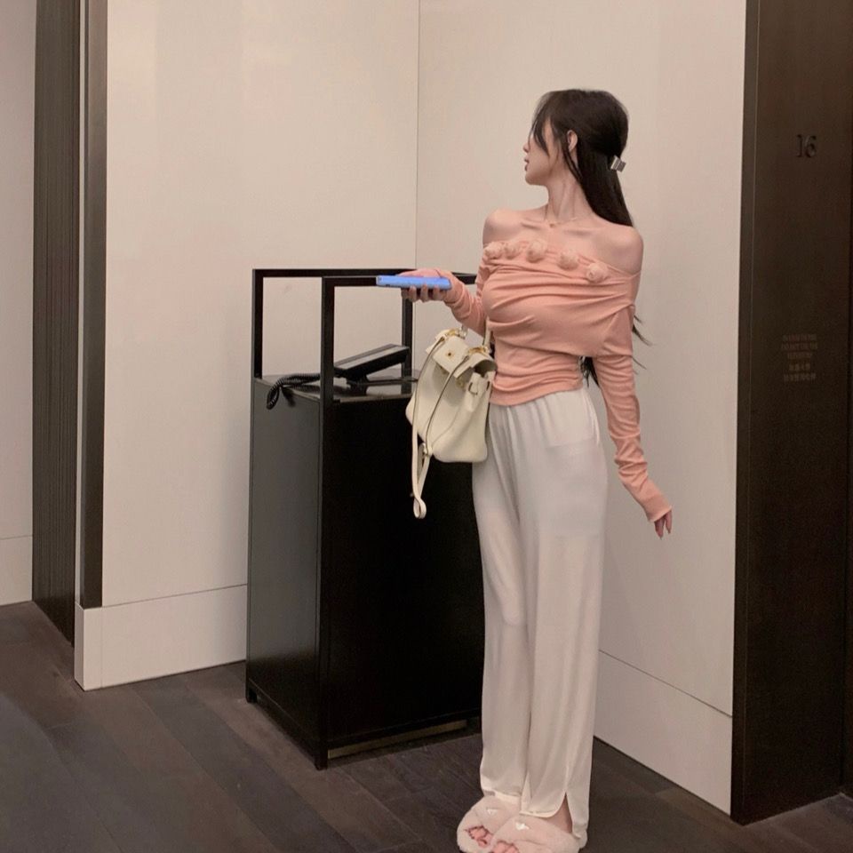 Jiashucheng Áo Kiểu Tay Dài Hở Vai Dáng Ôm Hở Vai Màu Trơn Thiết Kế Hoa Hồng Khô