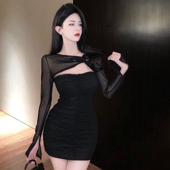 Đầm Lưới Tay Dài Ôm Hông Gợi Cảm Màu Đen Phong Cách Trung Hoa Mới