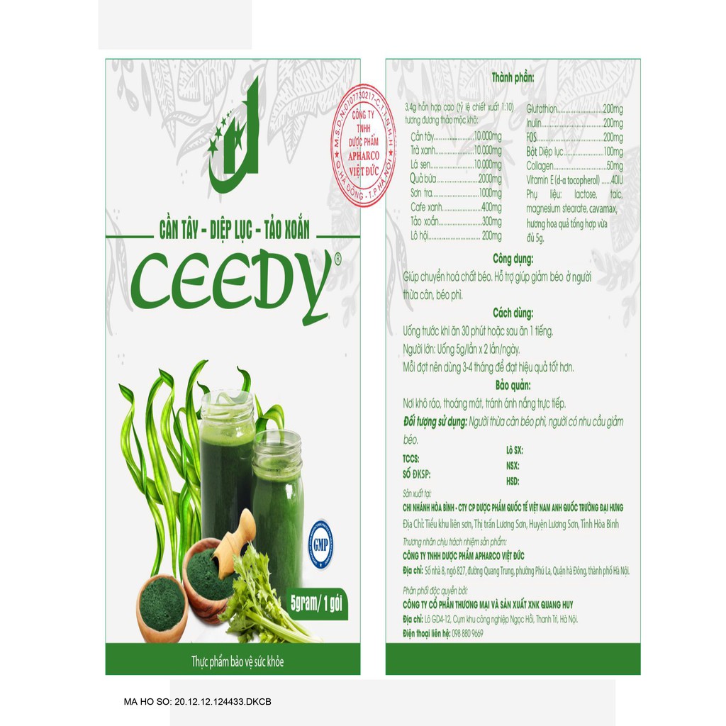 CẦN TÂY - DIỆP LỤC - TẢO XOẮN - CEEDY - KHÔNG HIỆU QUẢ HOÀN TIỀN (HỘP 20 GÓI) | BigBuy360 - bigbuy360.vn