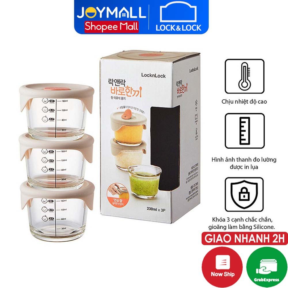 Bộ 3 hộp thủy tinh đựng thức ăn cho bé Lock&Lock có vạch chia 230ml x 3 hộp LLG508S3 - Hàng chính hãng - JoyMall