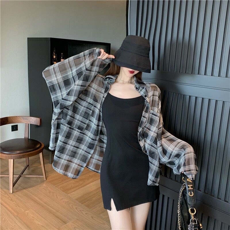 Set Đầm body kèm áo khoác sơmi caro 🎈🎈🎈na