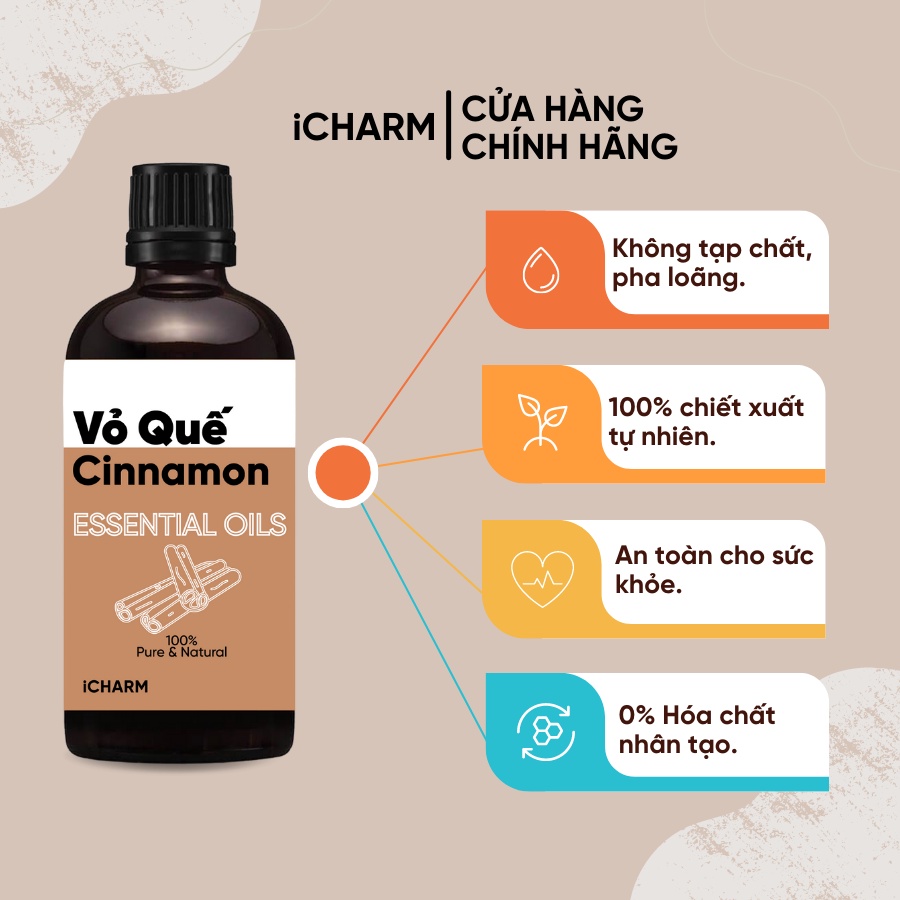 Tinh dầu vỏ quế 100ml iCHARM [Nguyên chất - Không pha loãng - Không tạp chất]