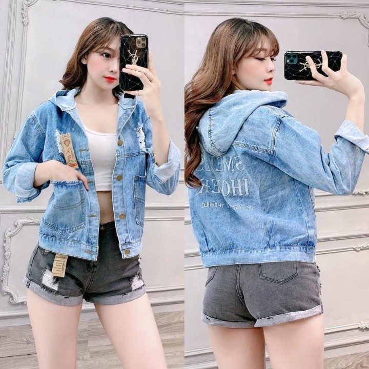 Áo Khoác Jeans Nữ có Nón Mũ Coton Cao Cấp  Phối Túi To Cào Rách Thêu Chữ Thời Trang 2020-Hàng Có Sẵn | BigBuy360 - bigbuy360.vn