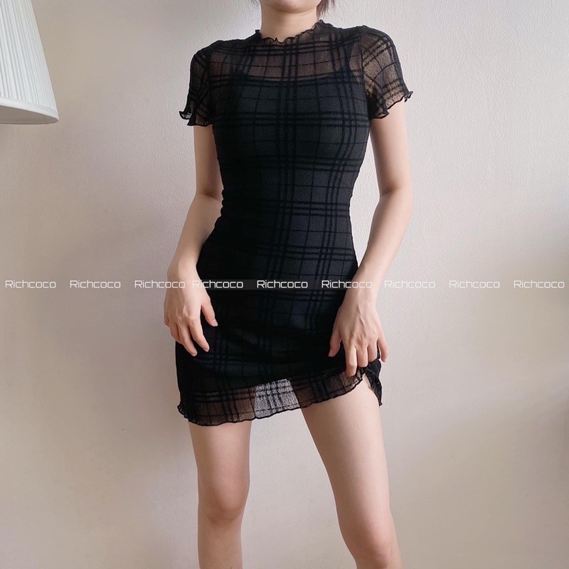 [Có sẵn] [Ảnh thật] Váy lưới kẻ caro tay dài rời