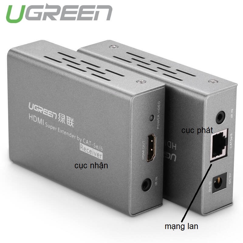 Bộ kéo dài HDMI qua dây mạng Cat5/Cat6 70met Ugreen 40210 IR (Bộ 2 cái+ Adapter) Chính Hãng, giá đã bao gồm VAT