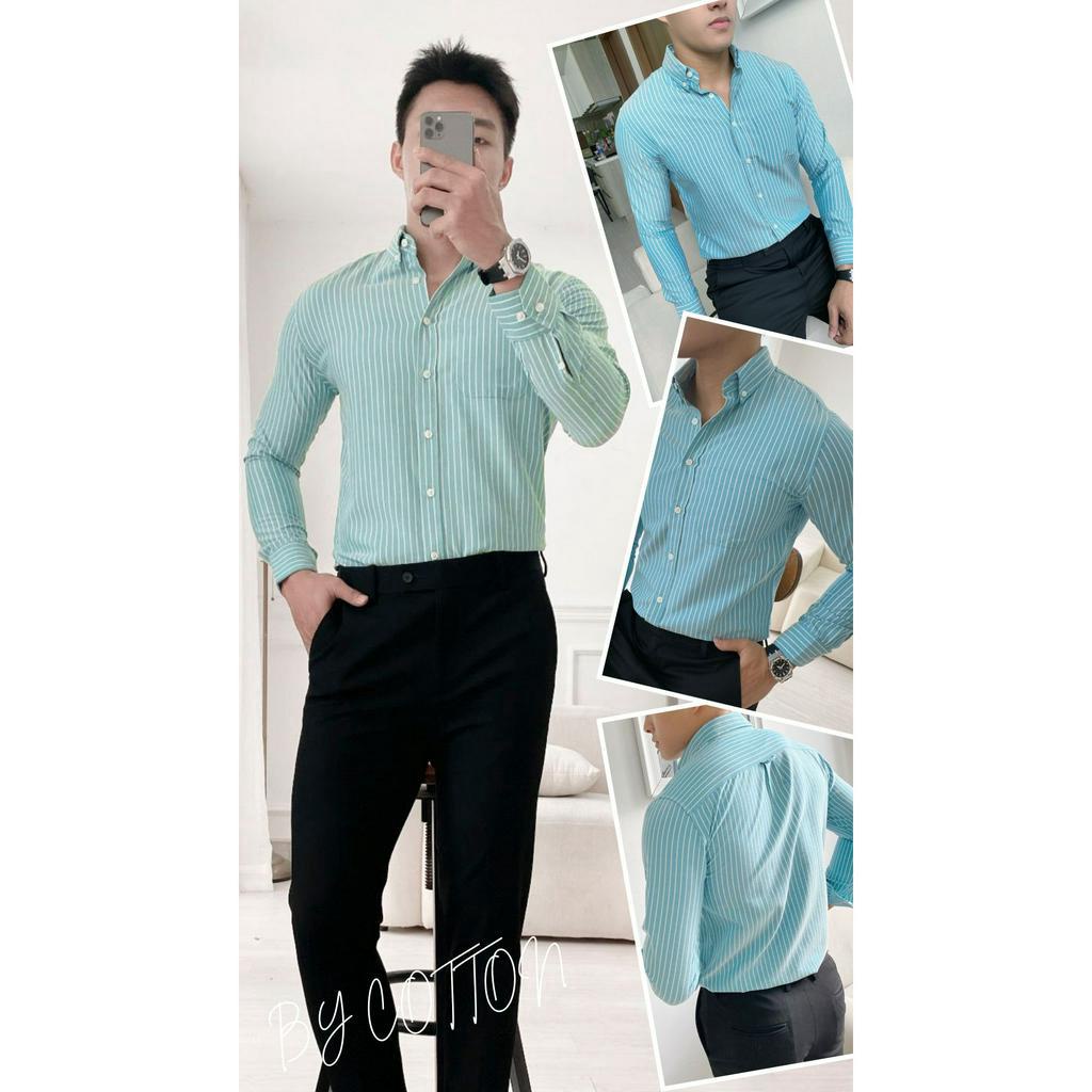 Áo Sơ Mi Nam Dài Tay Xanh Lục Lam Phối Sọc BY COTTON Blue Cyan Stripes Oxford