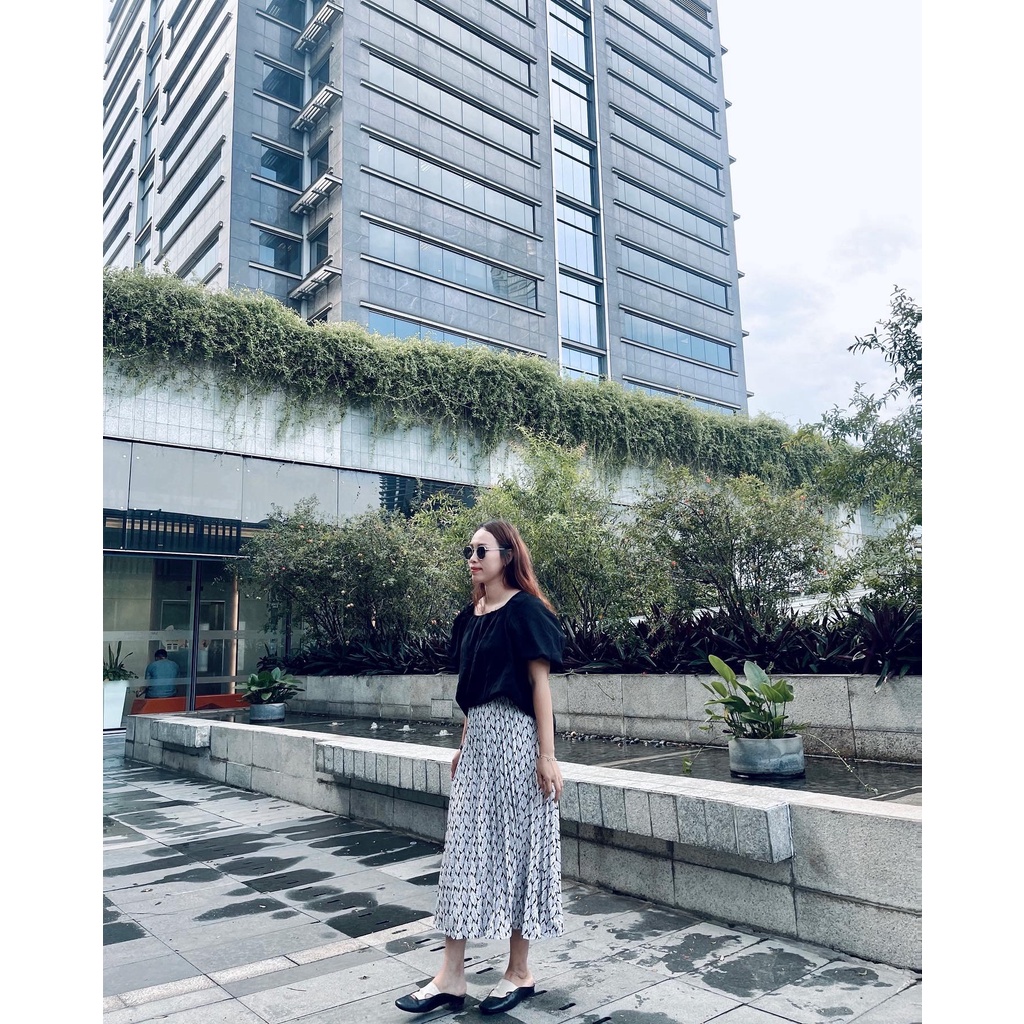 (SALE 50%) Chân váy lua xếp ly họa tiết Lá lạ mắt, chân váy midi freesize