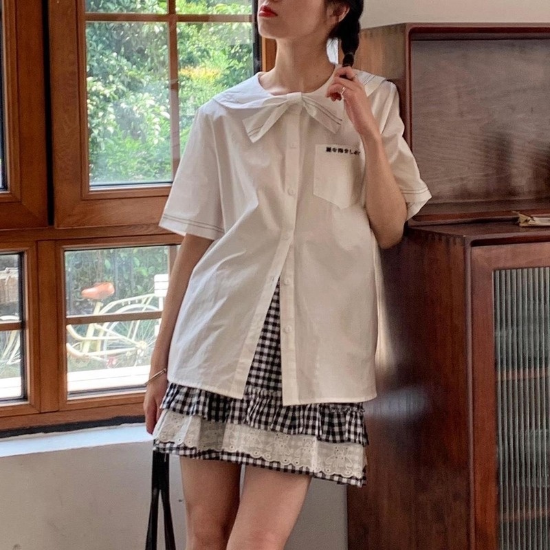 Áo Sơ Mi Trắng Tay Ngắn Cổ Thắt Nơ Dễ Thương Phong Cách Nhật Bản Thời Trang Cho Nữ