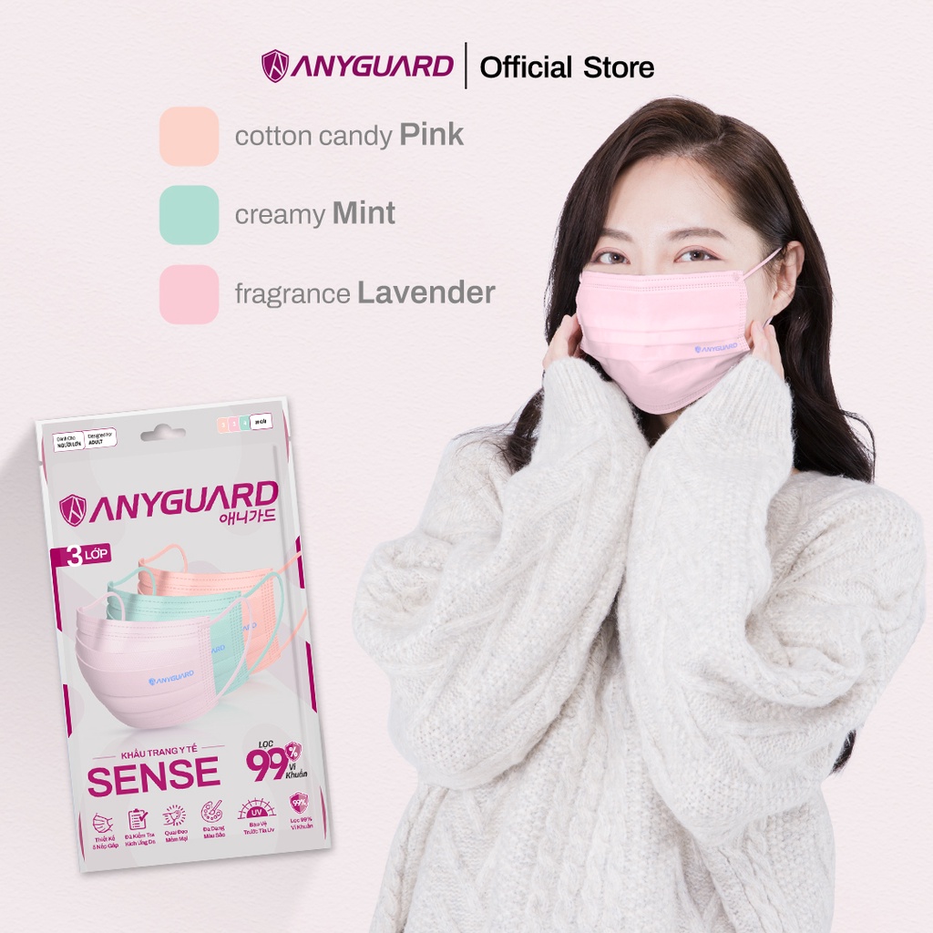 Khẩu Trang Hàn Quốc Sense 3 Lớp Kháng Khuẩn Chính Hãng ANYGUARD, Ngăn Tia UV, An Toàn Cho Da, Combo 30 Chiếc