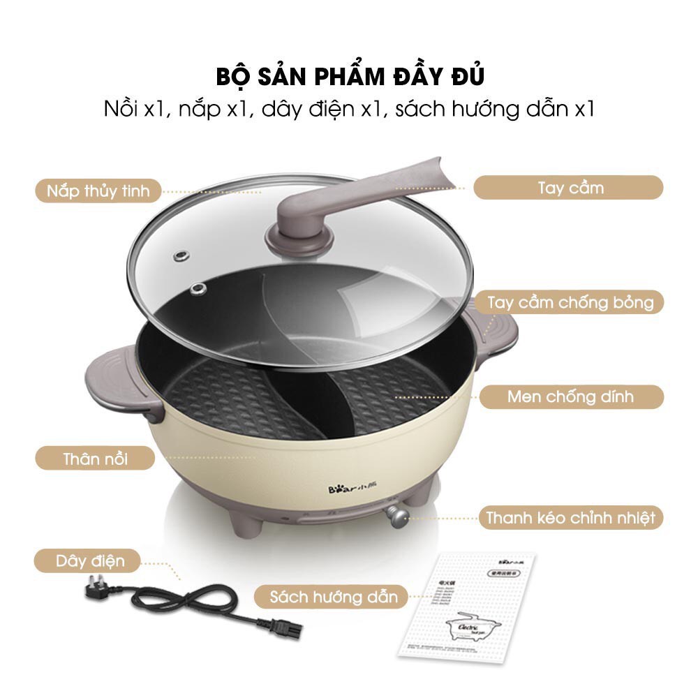 Nồi lẩu uyên ương Bear 6L màu kem DHG-B60R6