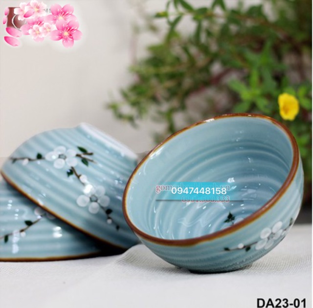 Bộ 6 bát cơm men Lam vẽ hoa anh đào