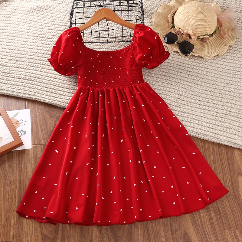 Đầm SIYYIS dáng chữ A tay ngắn phồng cổ vuông họa tiết chấm bi xinh xắn thời trang dành cho bé gái 5-12 tuổi