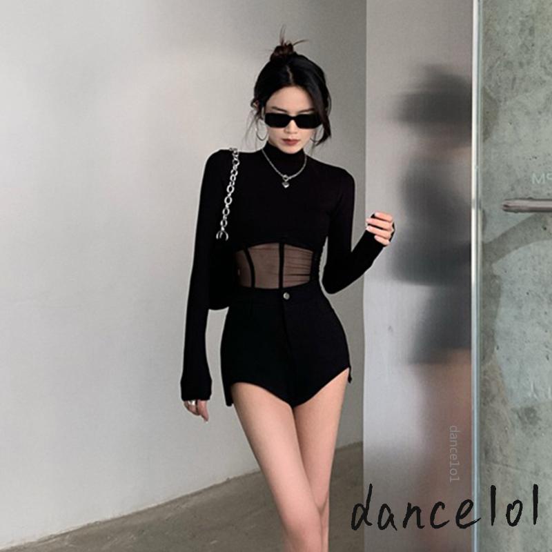 Áo Khiêu Vũ Tay Dài Cổ Cao Phối Lưới Thời Trang Xuân Thu Cho Nữ 1O1