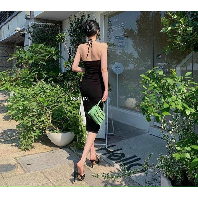 [8.8 Sales Freeship] Đầm thun đen ôm body, đầm thun cổ yếm khoét ngực hở lưng dáng dài sexy, cực tôn dáng