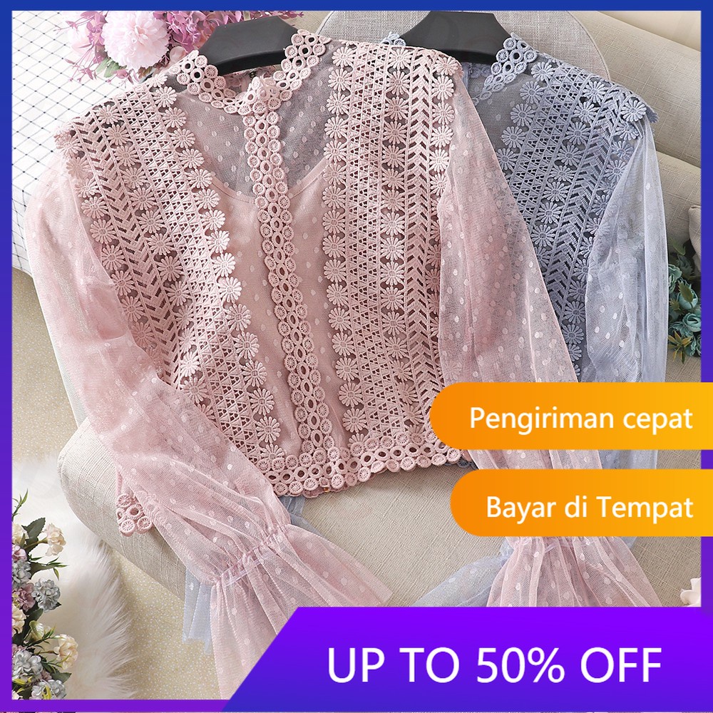 Set 2 món áo lưới tay loe phối ren + áo không tay + quần yếm thời trang