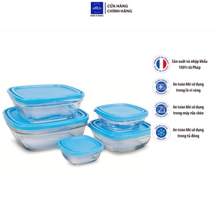 Bộ Hộp thực phẩm D9015A Duralex - Freshbox nắp xanh Blue 5 size Thủy tinh cường lực Pháp