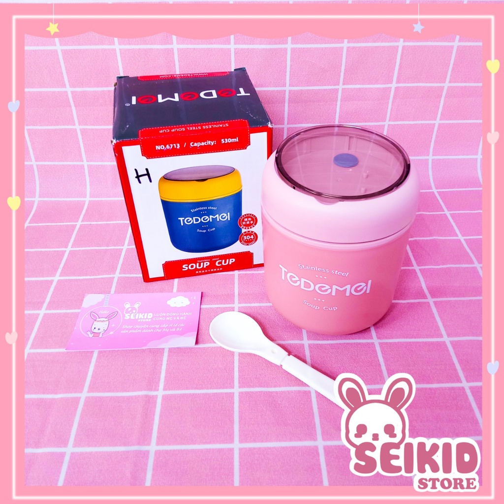 Bình Ủ Cháo, Cốc Đựng Canh Tedemei Chất Liệu Nhựa Chịu Nhiệt, Có Thìa Kèm Theo 530ml Seikid