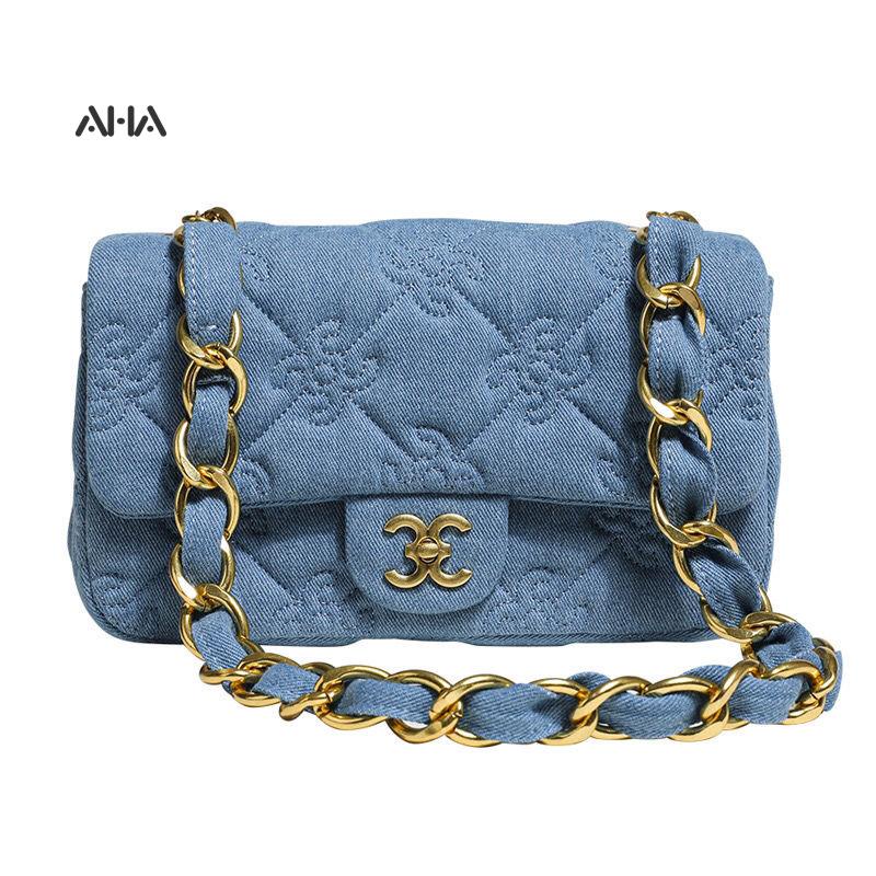 Túi đeo vai AHA official vải denim dáng vuông mềm mại phối dây đeo sợi xích thời trang cho nữ