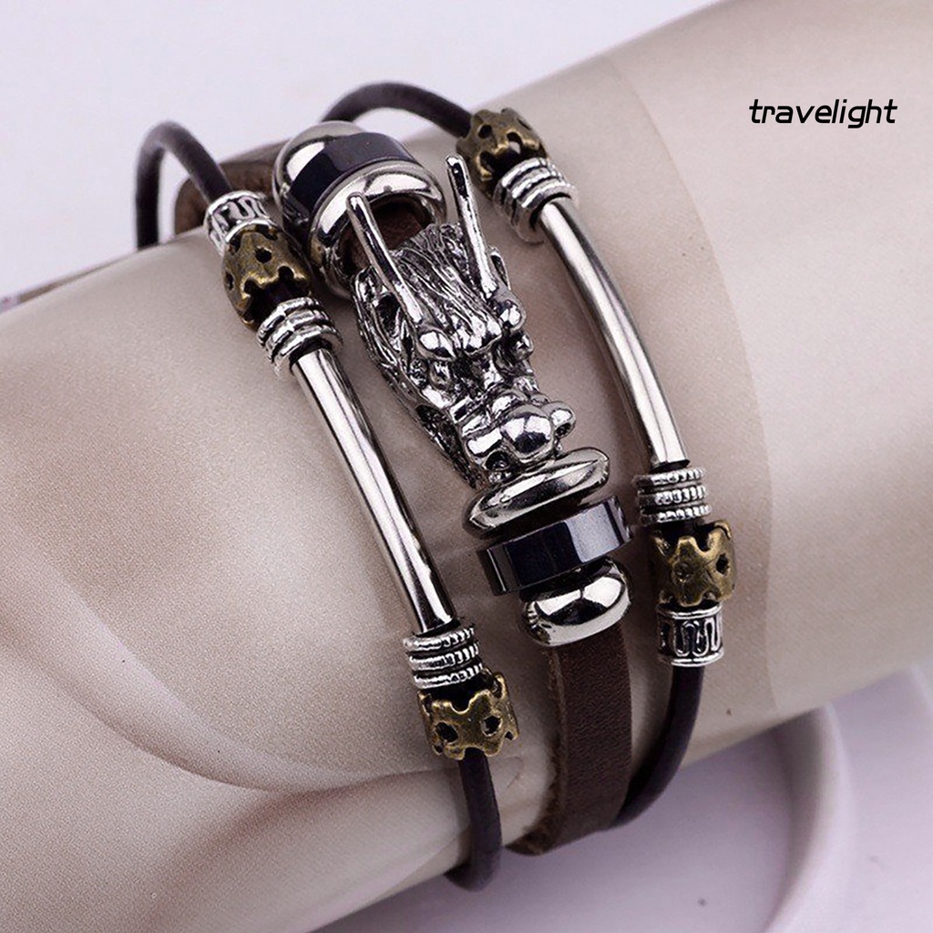 Vòng Tay Da PU Nhiều Lớp Mặt Hình Đầu Rồng Phong Cách Vintage Cho Nam