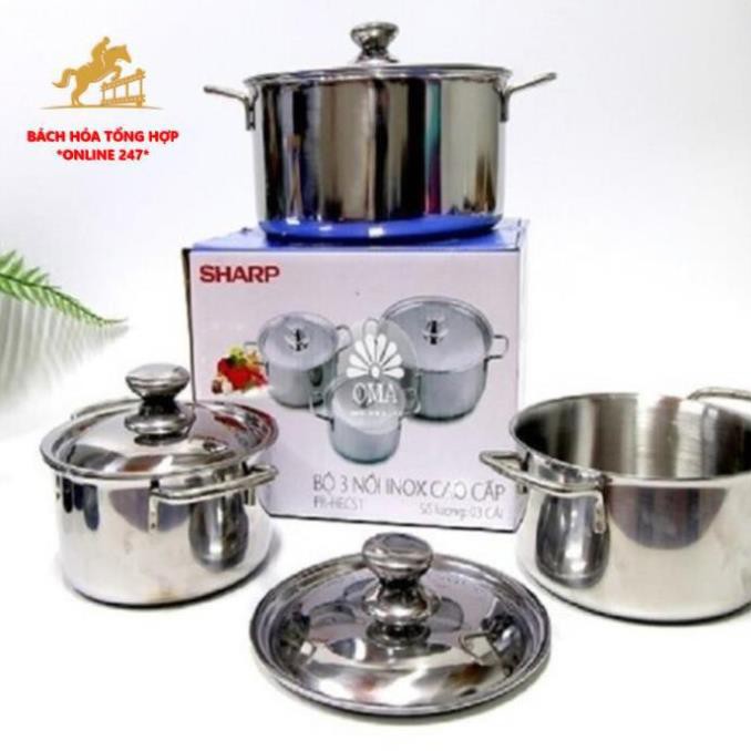 Combo Bộ 3 Nồi Inox Sharp Cao Cấp Đáy Từ H&E Dùng Được Cho Bếp Từ, Inox Sang Trọng, Vệ Sinh Đơn Giản