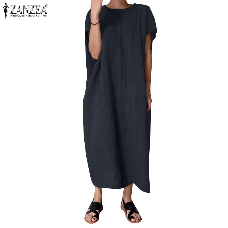 ZANZEA Đầm Dài Tay Ngắn Cổ Tròn Màu Trơn Phong Cách Cổ Điển Đơn Giản Thời Trang Cho Nữ
