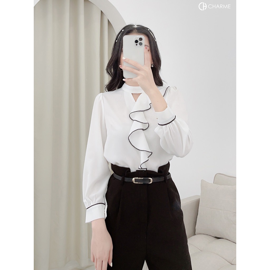 Áo sơ mi nữ thiết kế Charme tay dài phối vạt ngực cách điệu 2215