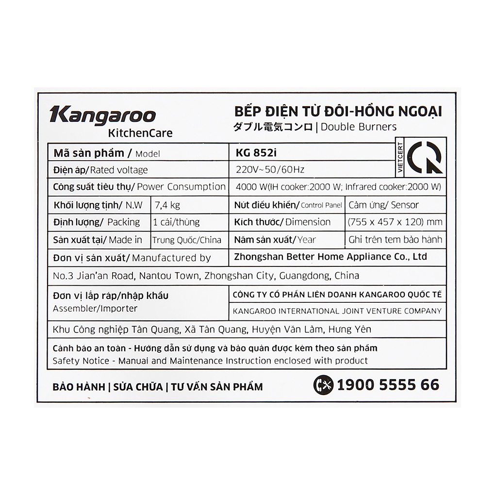 Bếp từ hồng ngoại lắp âm Kangaroo KG852i - Hàng chính hãng