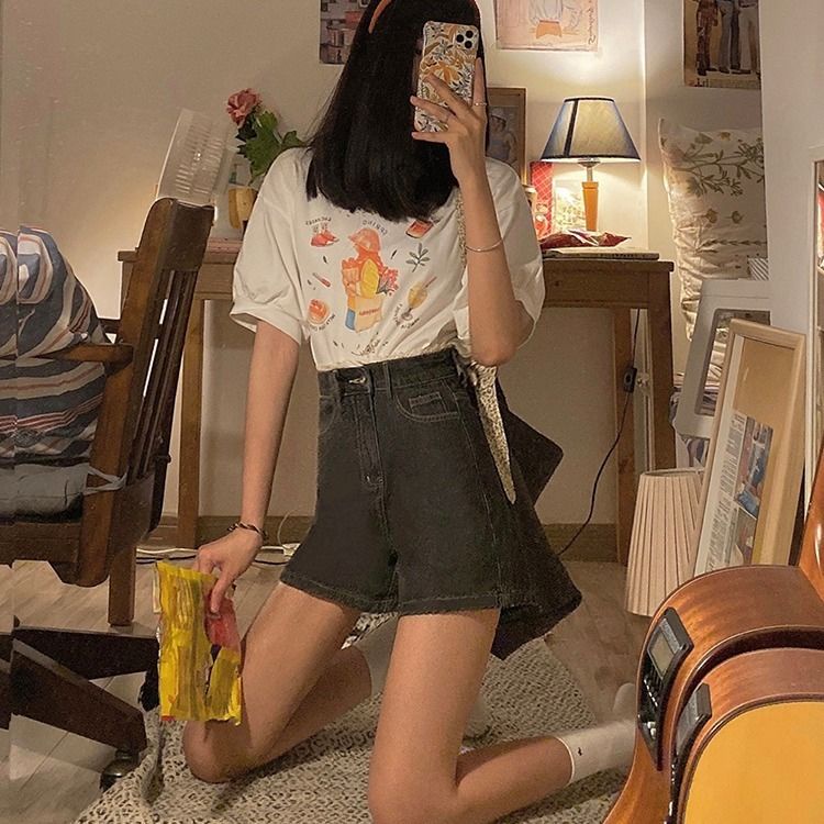 COZOK Quần Short denim Dáng Rộng Viền Ren Phong Cách Hàn Quốc