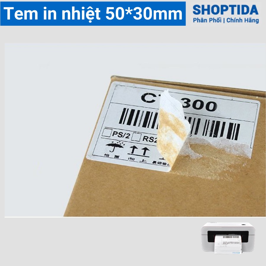 Tem in nhiệt Shoptida loại 1400 tem 50*30mm in minicode, qr code, lời cảm ơn, sử dụng cho máy in nhiệt Shoptida SP46