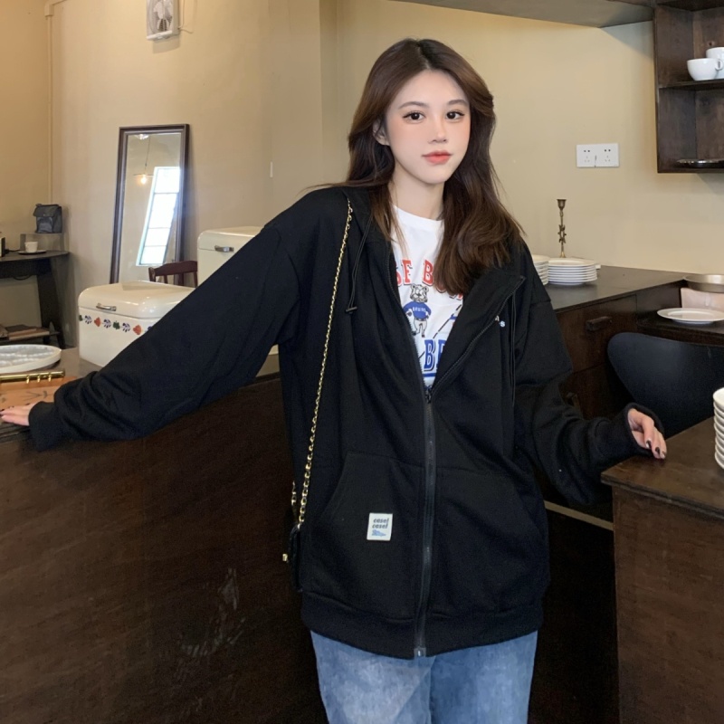 SUXI Áo khoác hoodie mỏng có khóa kéo tối giản cho nữ