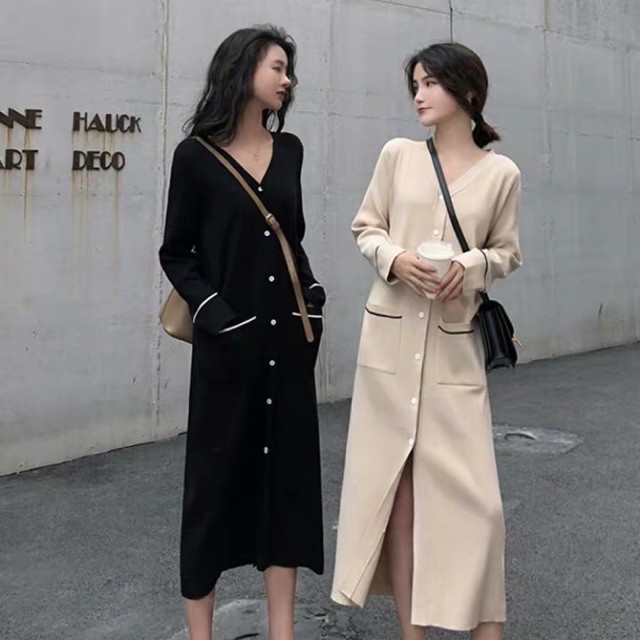 Đầm thun gân tay dài ulzzang _ Đầm thun suông QC