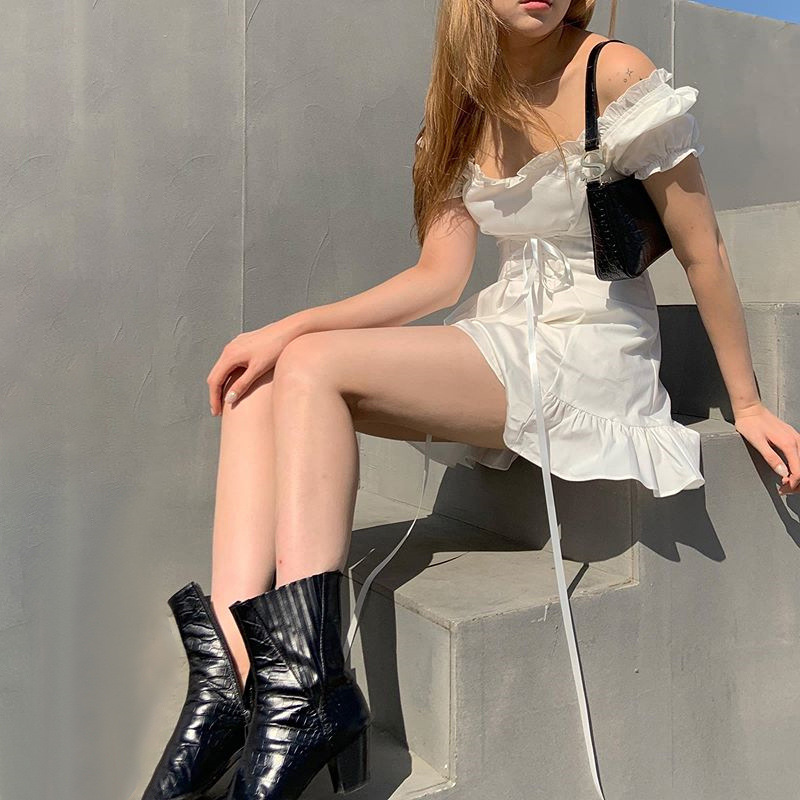 DUNEA Đầm ôm dáng cổ vuông tay phồng có viền mộc nhĩ phong cách mới thời trang dành cho nữ