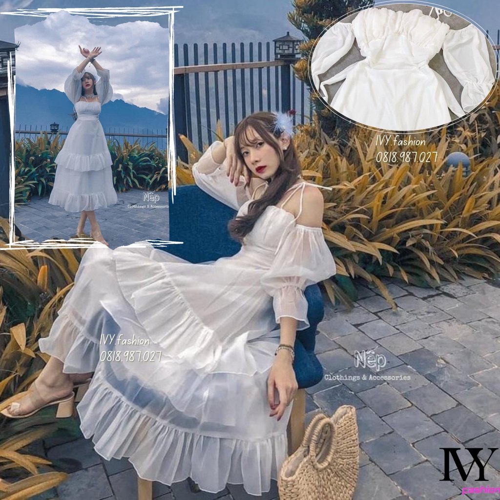 Đầm váy Maxi trắng tầng 🔥voan lót lụa🔥 rớt vai trễ vai tay dài cúp ngực đi biển dự tiệc dạo phố bigsize gợi cảm sexy