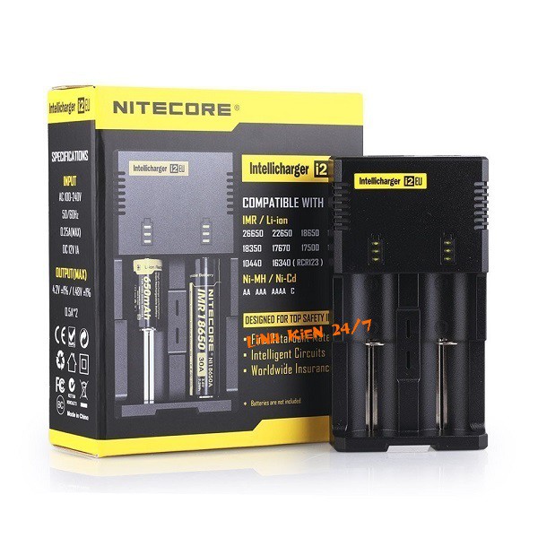 Bộ Sạc 2 Pin 18650, 14500, 16340, 26650 NITECORE NEW I2 (Chính Hãng)