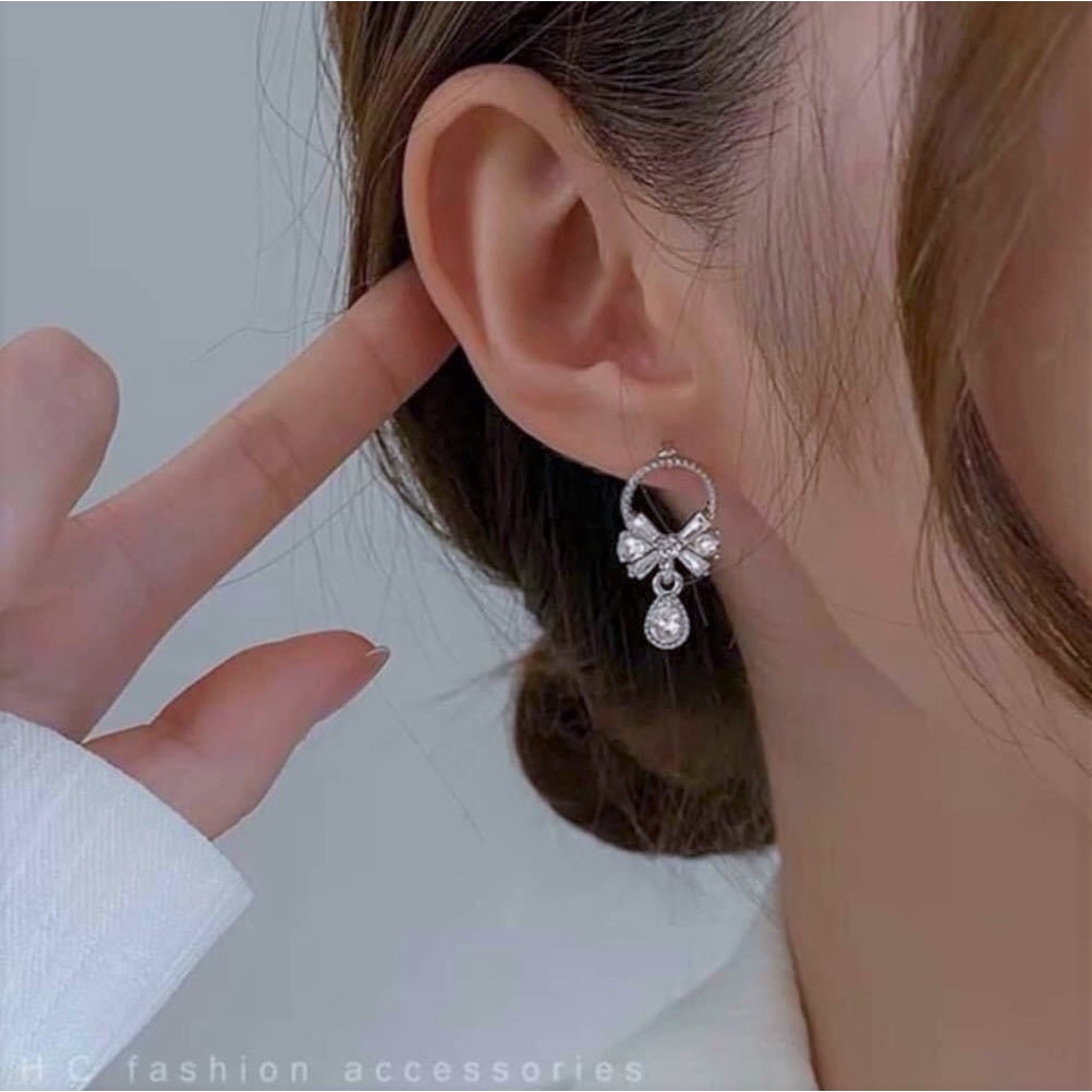 Bông tai bạc hình tròn kẹp nơ đính đá thời trang, Chất liệu bạc ta sang trọng - Trang sức bạc Evasilver
