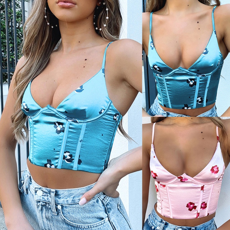 Áo Croptop Hai Dây Cổ Chữ V Khoét Sâu In Họa Tiết Hoa Phong Cách Vintage Quyến Rũ